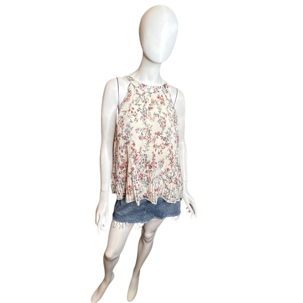 NWT Mystree Women’s Large Sleeveless Floral Ribbed Top Cream Rose